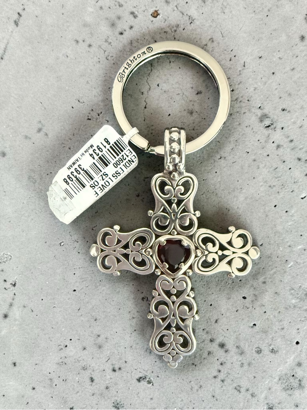 Brighton Silver Filigree Cross Keyring with Deep Red Heart Gemstone